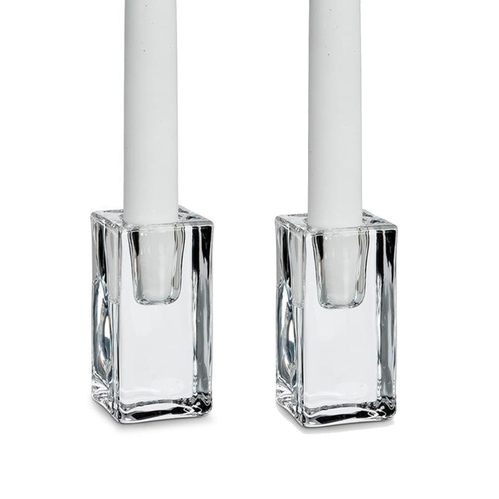Clear glass rectangular candlestick holders. Traditional taper candle holder clear glass pair. - Candlestock.com