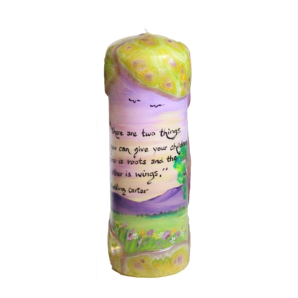 Quote Pillar Candle - "There are two things you can give your children; one is roots, the other is wings" Hodding Carter - Candlestock.com