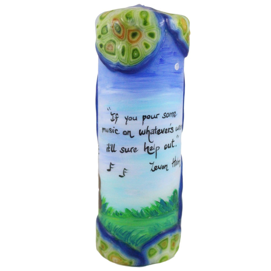 Quote Pillar Candle - "If you pour some music on whatever's wrong, it'll sure help out" Levon Helm - Candlestock.com