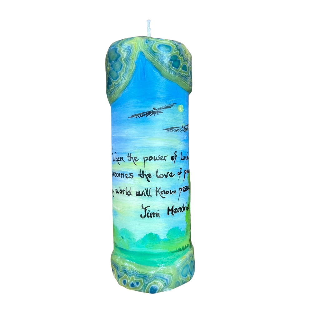 Quote Pillar Candle - "When the power of love overcomes the love of power, the world will know peace." Jimi Hendrix