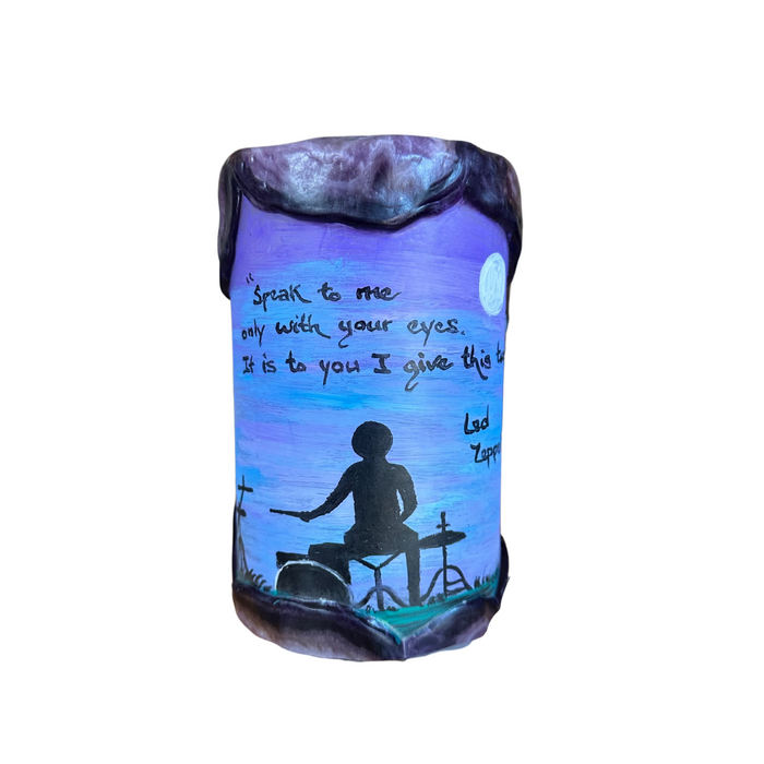 Painted Large Quote Pillar Candle - "Speak to me only with your eyes. It is to you I give this tune" Led Zelpin