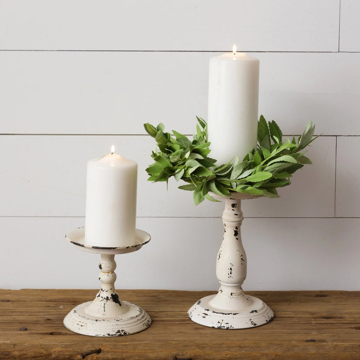 White Distressed Metal Pillar Candle Holders