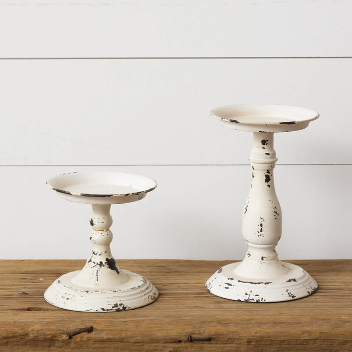White Distressed Metal Pillar Candle Holders
