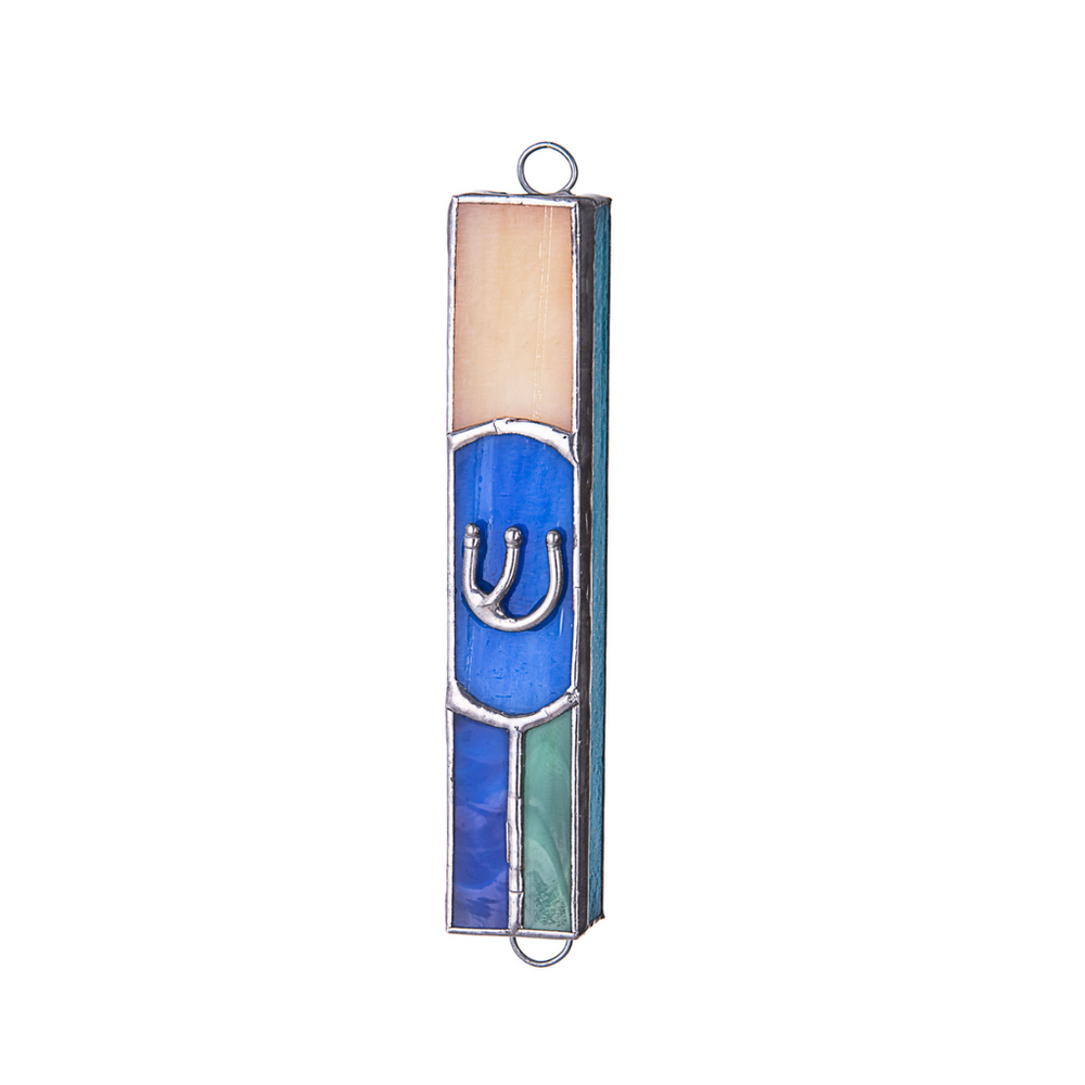 Stained Glass Blue & Tan Mezuzah