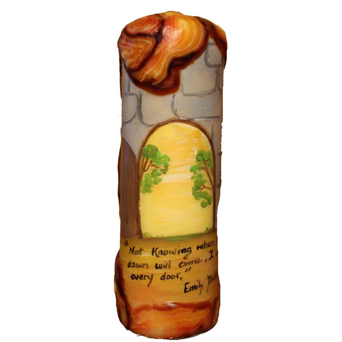 Quote Pillar Candle - "Not knowing when the dawn will come, I open every door" Emily Dickinson - Candlestock.com