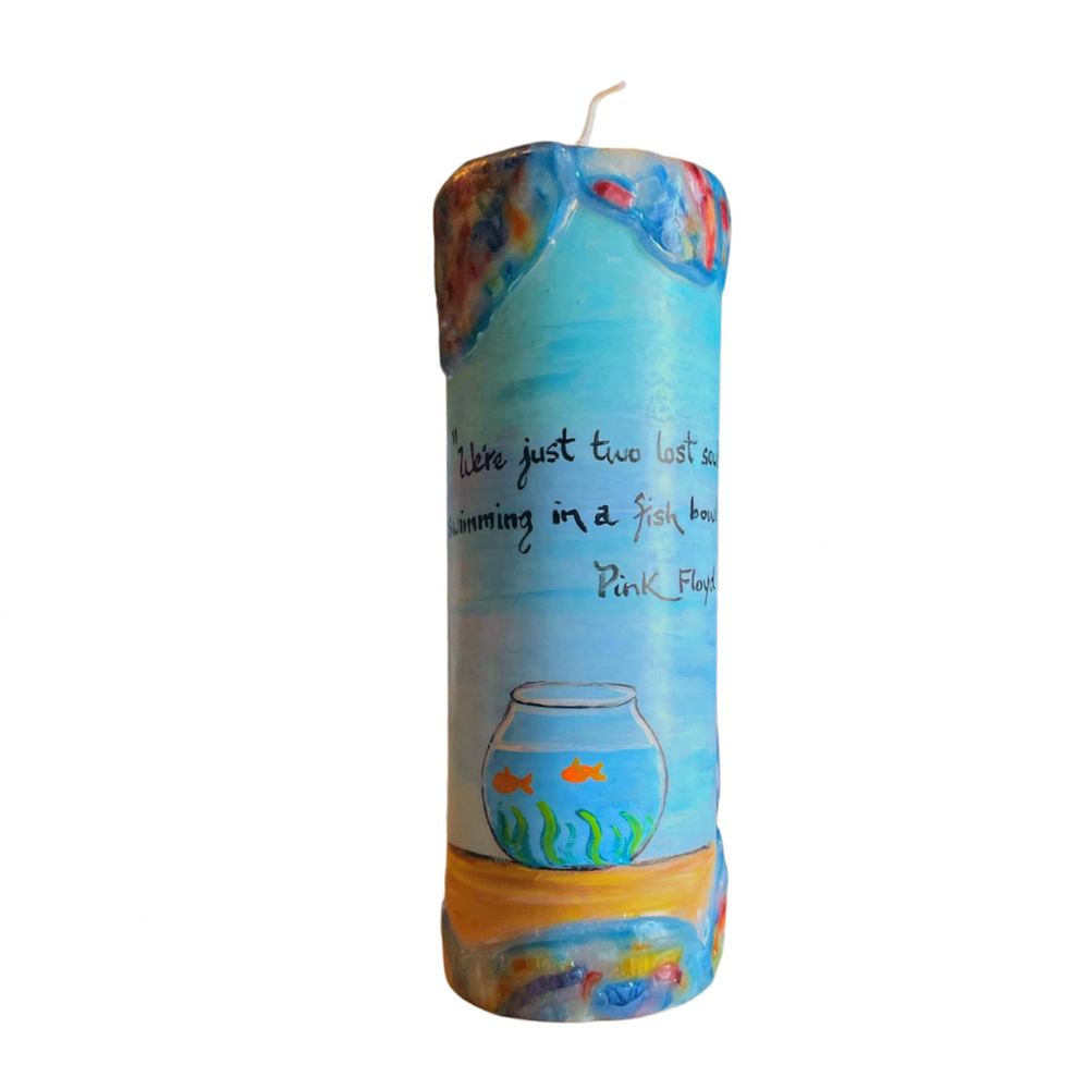 Quote Pillar Candle - "We're Just Two Lost Souls Swimming In A FIsh Bowl" Pink Floyd