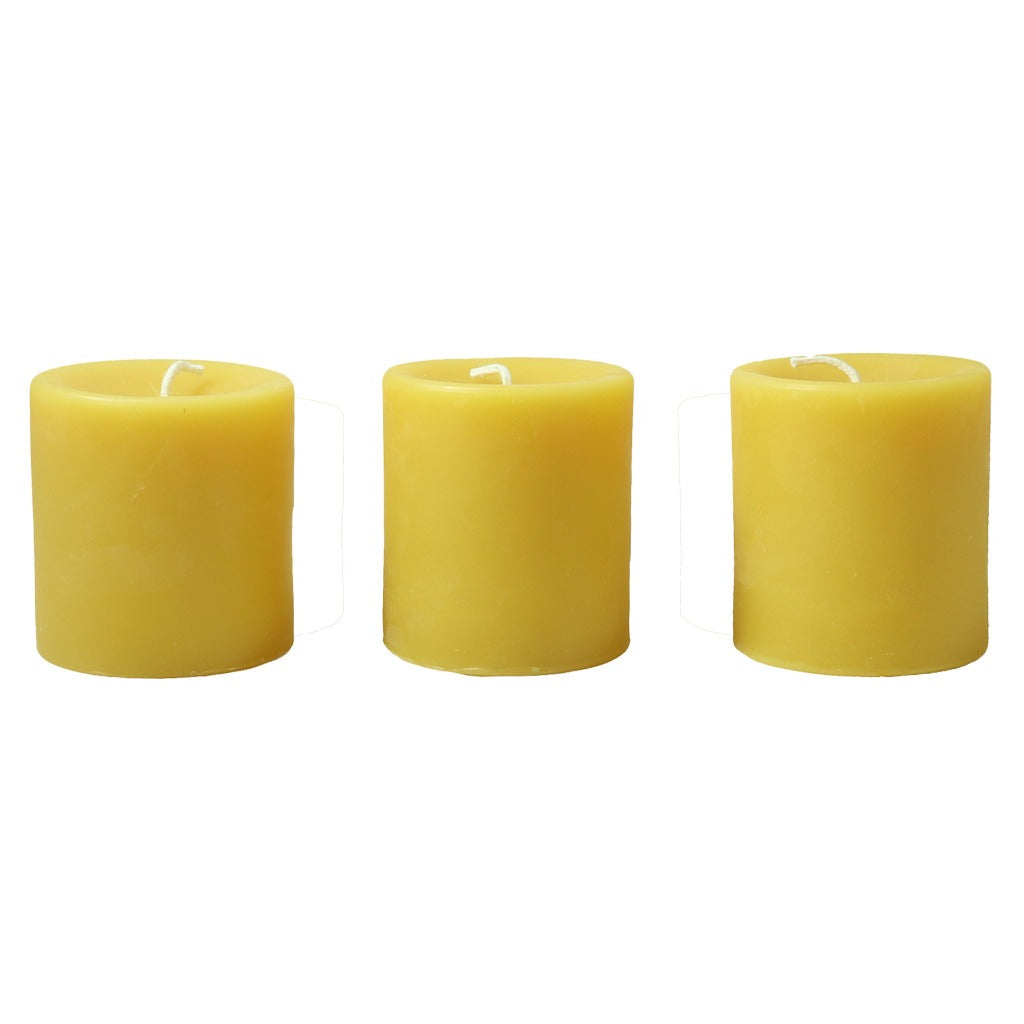 Beeswax 3 inch pillar candle set of 3. All natural, clean burning beeswax candles. - Candlestock.com