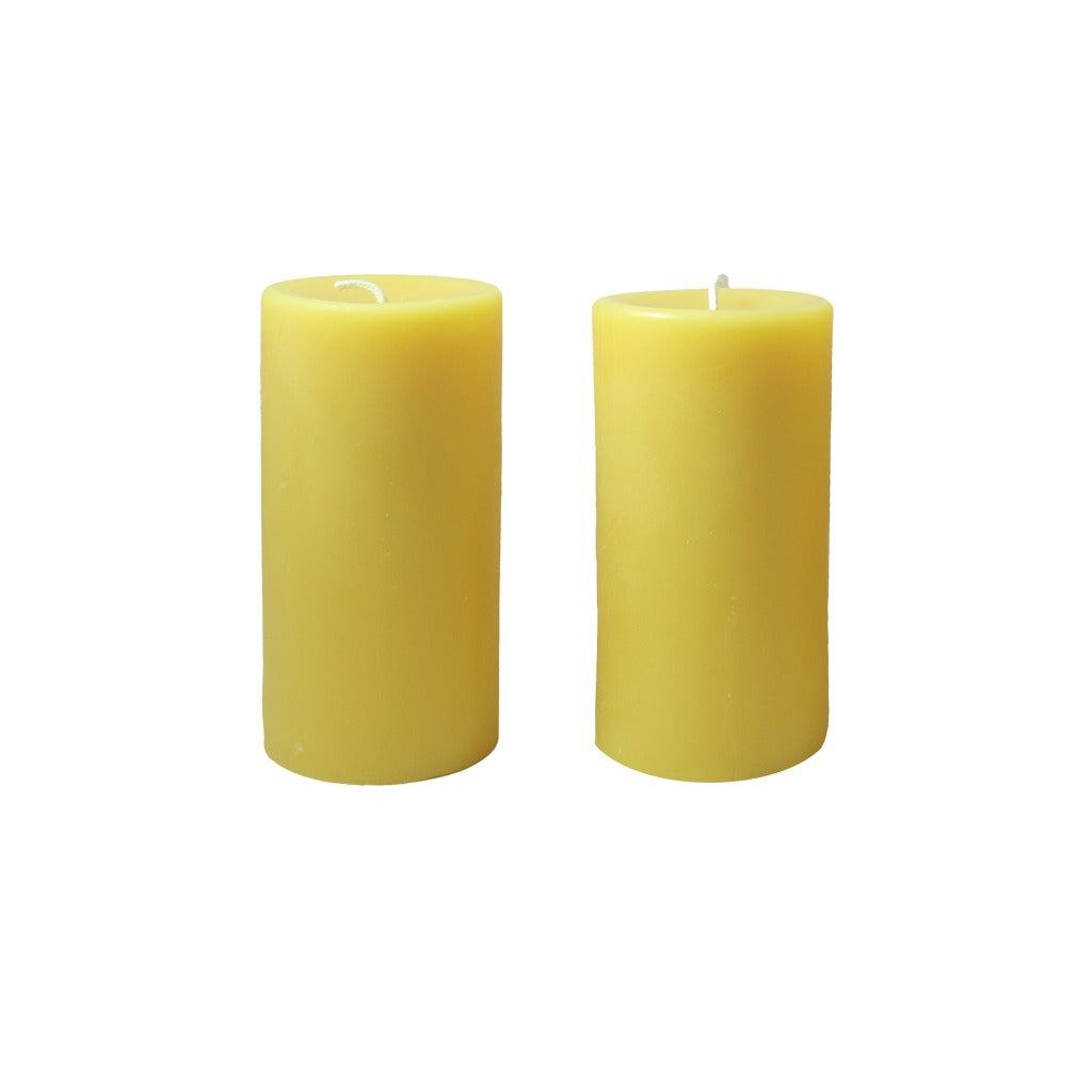 6 inch all natural hand poured beeswax pillar candle pair. - Candlestock.com