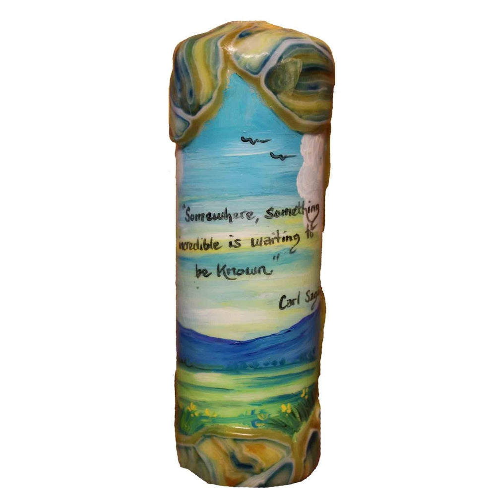 Quote Pillar Candle - "Somewhere, something incredible is waiting to be know" Carl Sagan - Candlestock.com