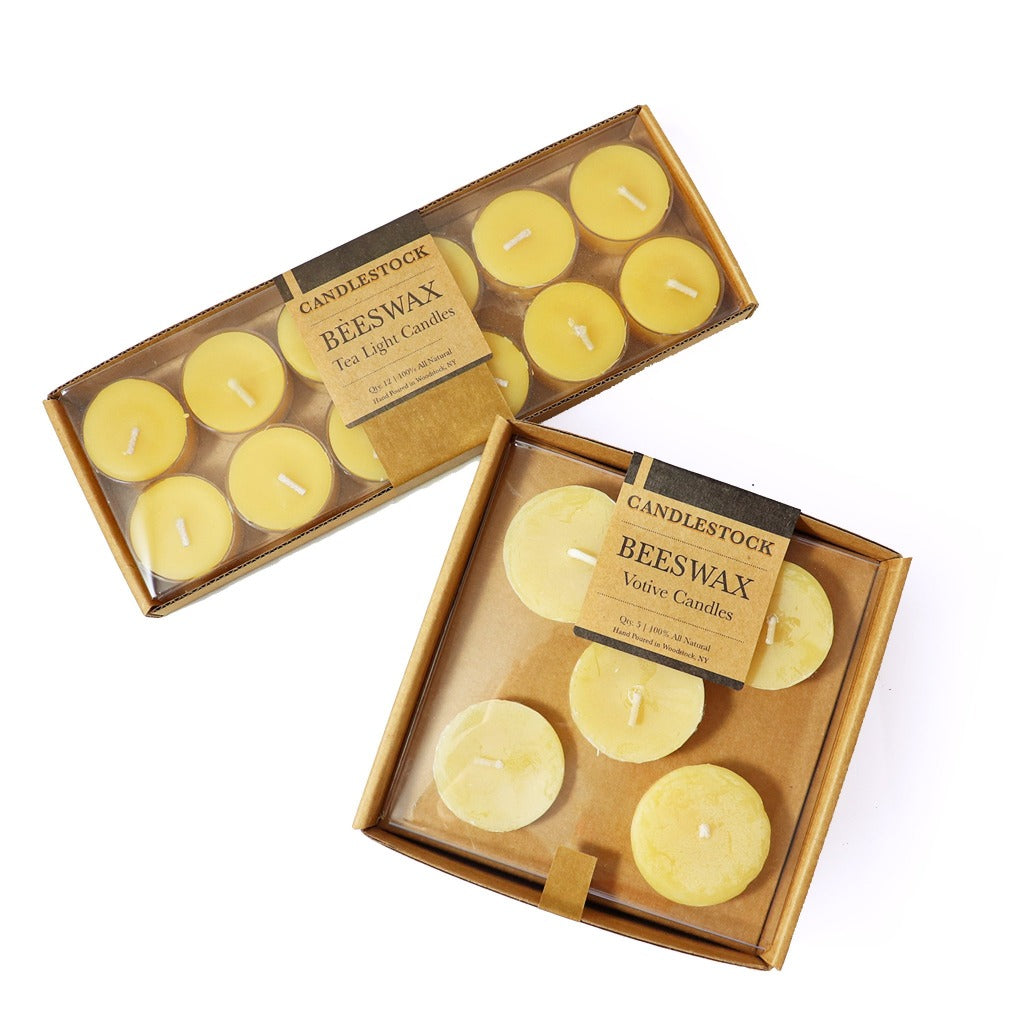 Natural dripless beeswax tea light candle 12 pack and dripless beeswax votive candle 5 pack. - Candlestock.com