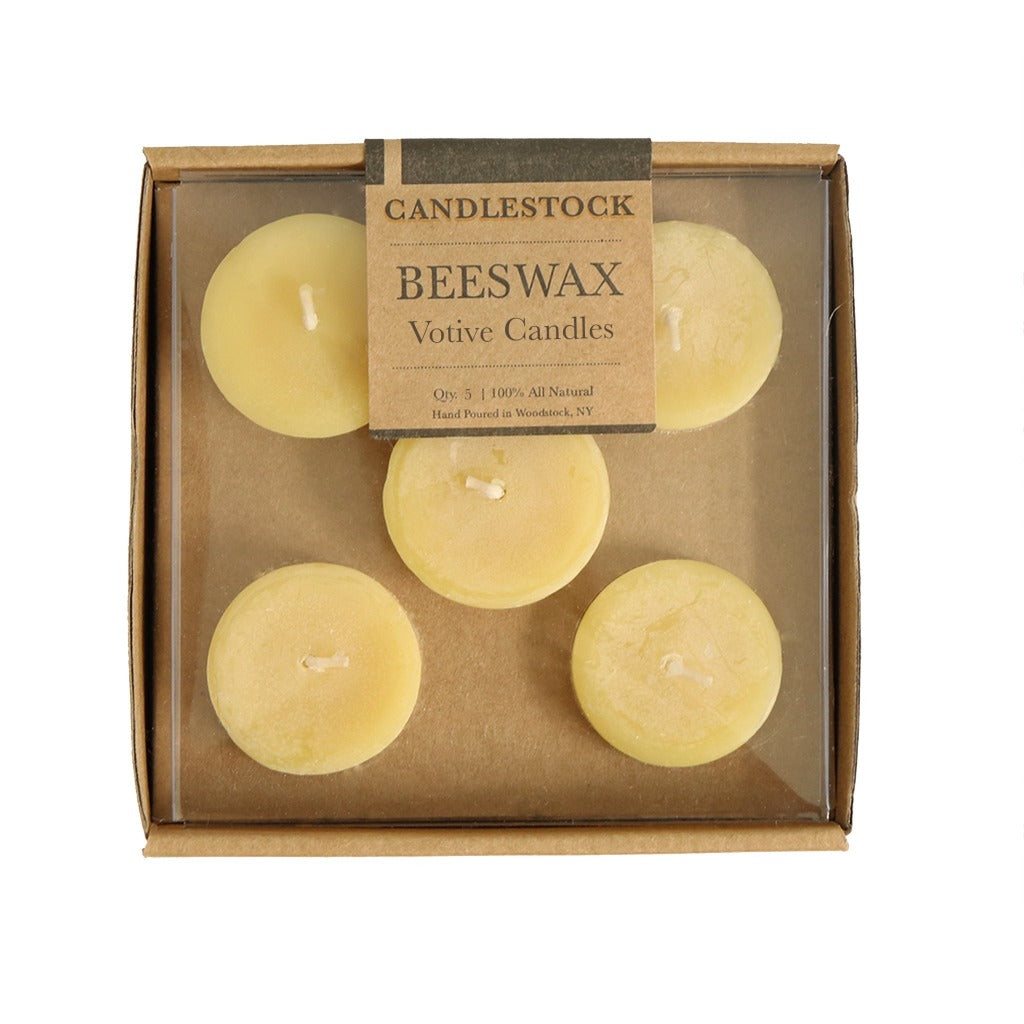 All natural hand poured beeswax votive candles available in a 5 pack. - Candlestock.com