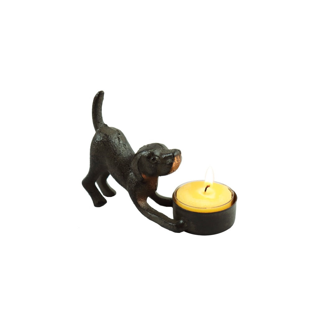 Cast iron dog tea light candle holder with pure beeswax tea light candle. - Candlestock.com