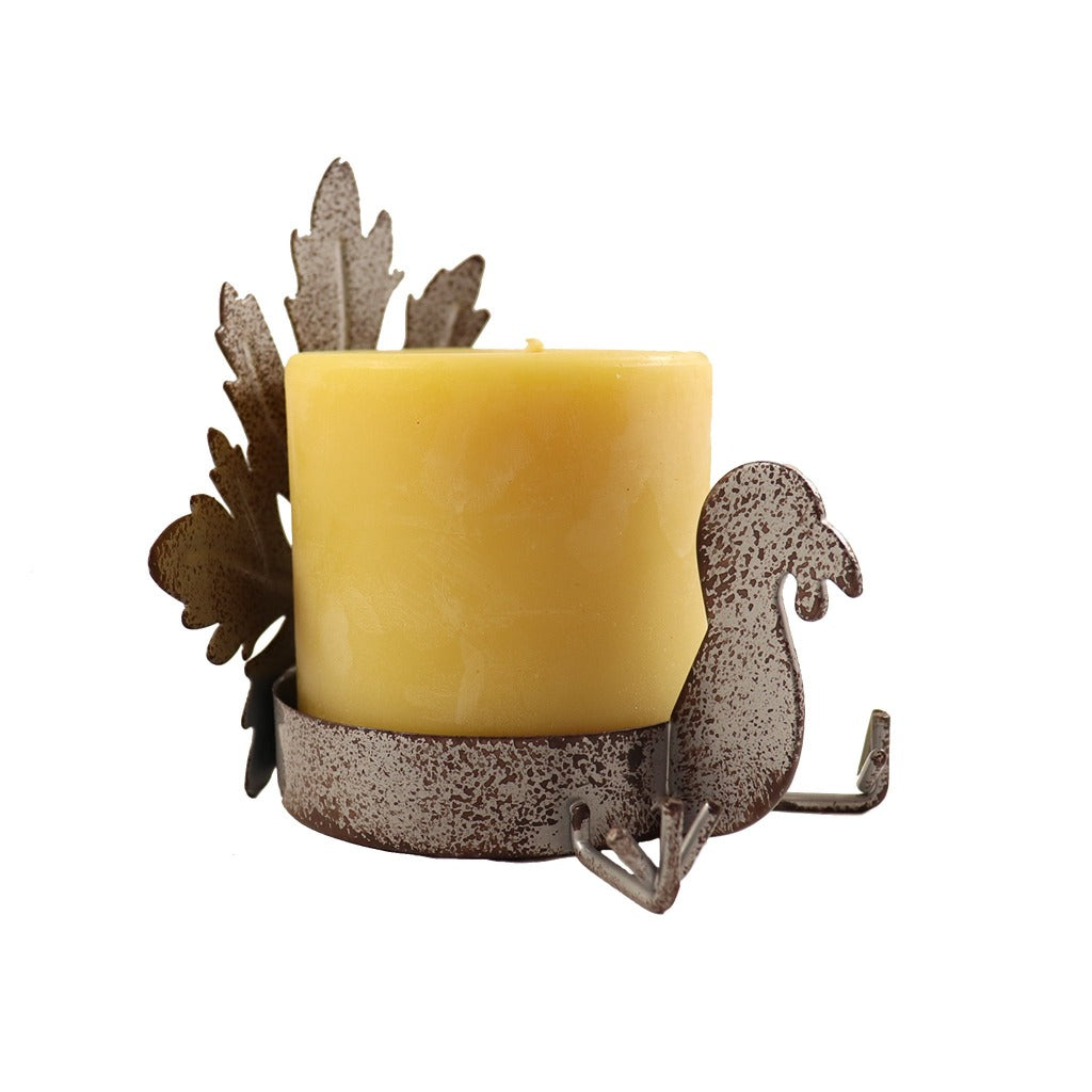 Rustic Silver Metal Maple Leaf and Turkey Pillar Candle Holder - Candlestock.com
