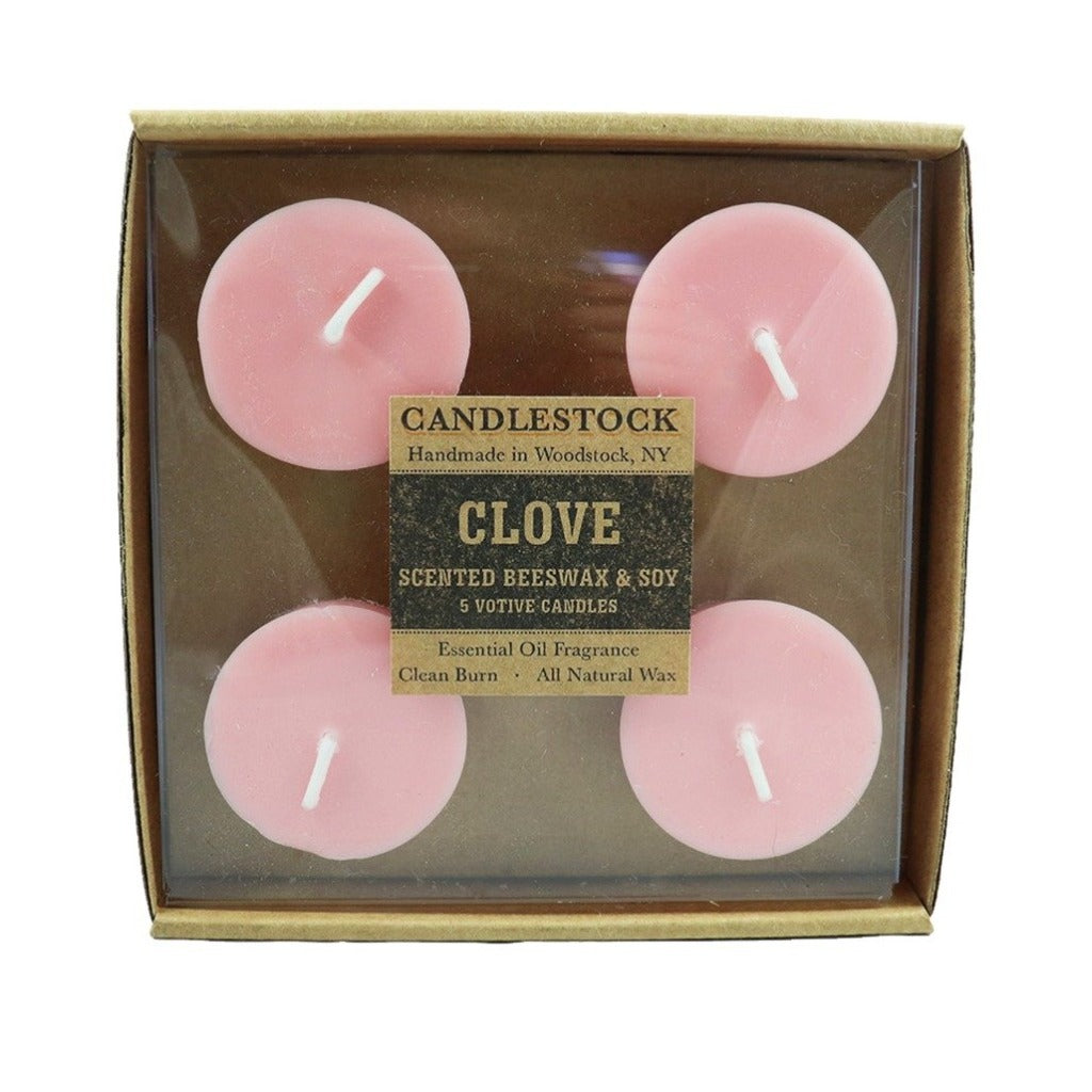 Warming Clove all natural scented votive 5 pack. Essential oil beeswax and soy wax scented candles. - Candlestock.com