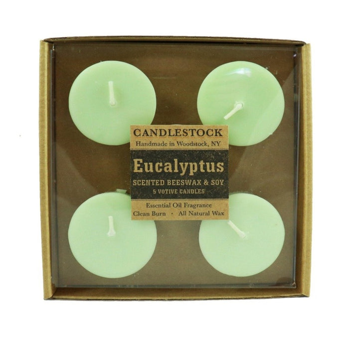 Balancing Eucalyptus beeswax and soy wax blended essential oil scented votive candle 5 pack. - Candlestock.com