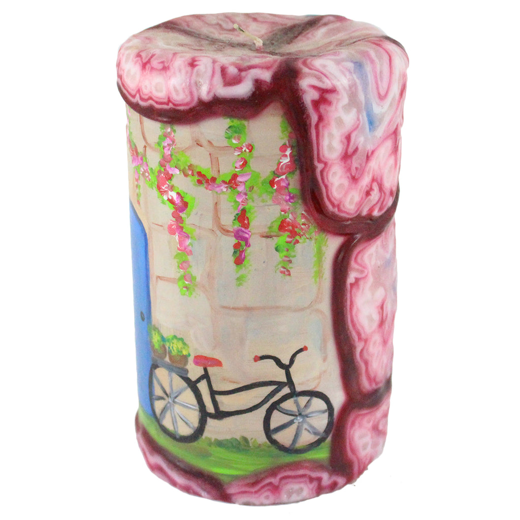 Painted Pillar Candle - Blue Door With Bike - Candlestock.com