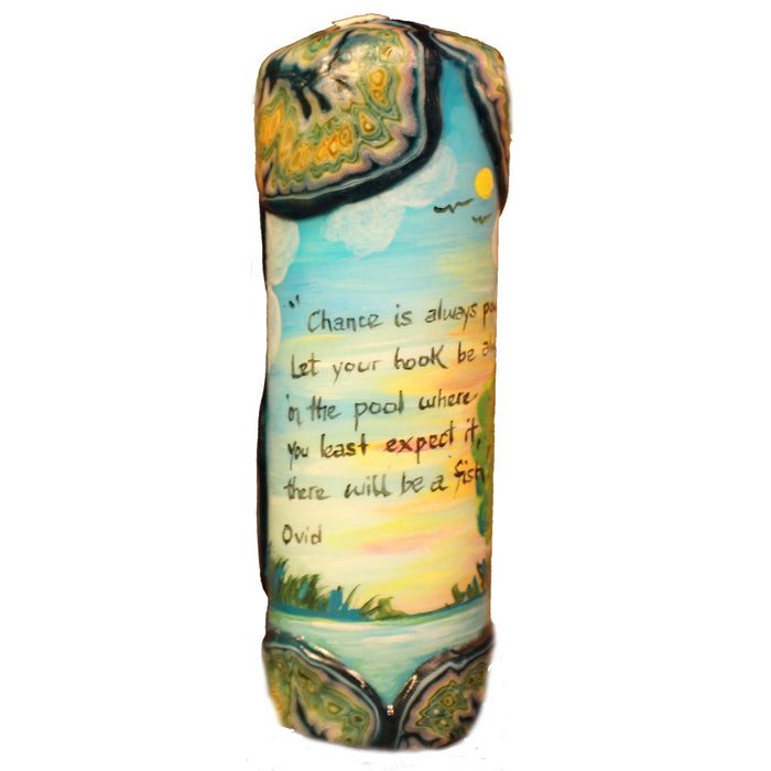 Quote Pillar Candle - "Chance is always powerful. Let your hook be always cast; in the pool where you lease expect it, there will be fish." Ovid - Candlestock.com