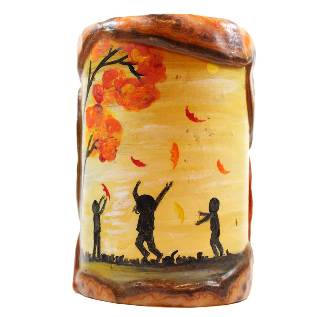 Painted Silhouette Pillar - Children With Fall Leaves - Candlestock.com