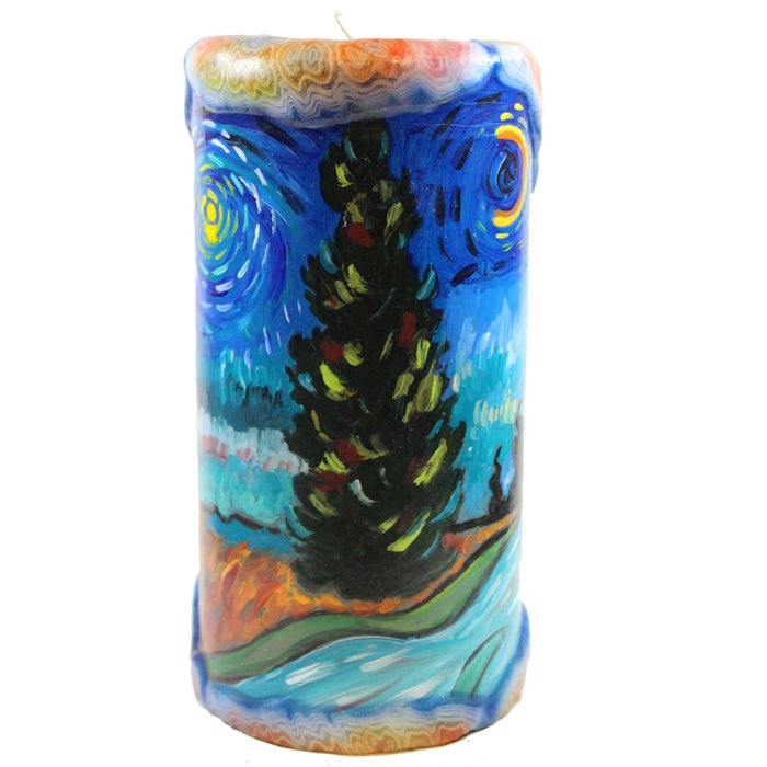 Van Glow Painted Pillar Candle - Road With Cypress Tree And Star - Candlestock.com