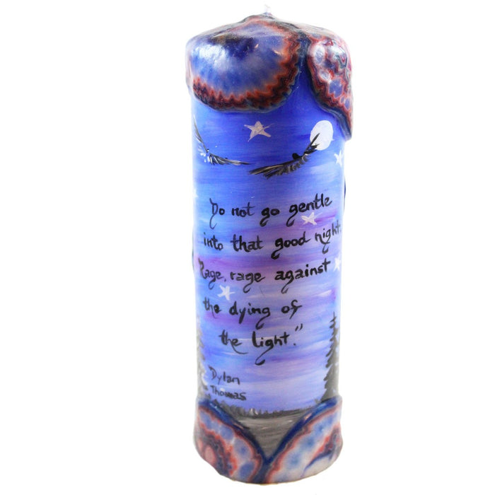 Quote Pillar Candle - "Do not go gentle into that good night. Rage, rage against the dying of the light." - Dylan Thomas - Candlestock.com