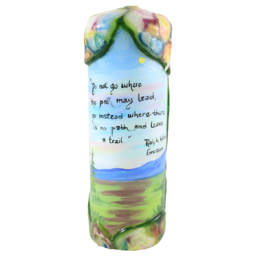 Quote Pillar Candle - "Do not go where the path may lead, go instead where there is no path and leave a trail" Ralph Waldo Emerson - Candlestock.com