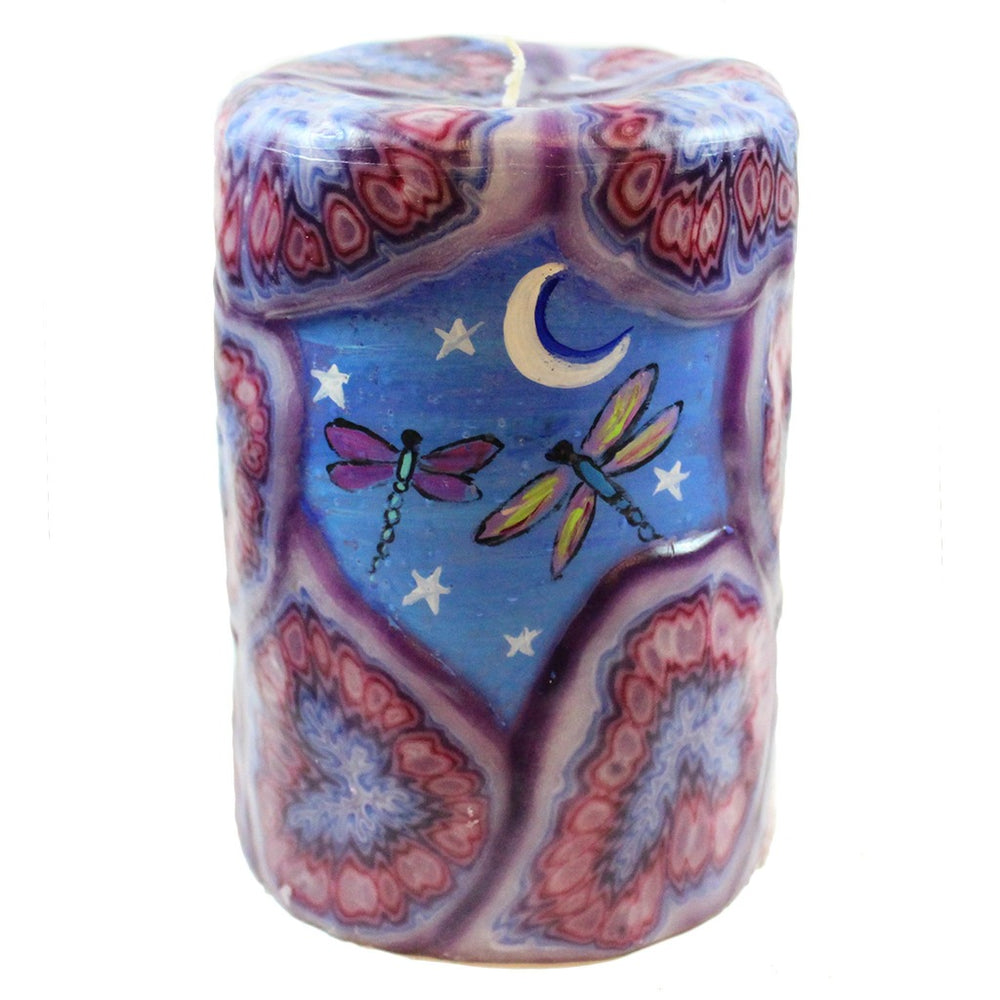 Painted Veneer Pillar Candle - Two Dragonflies And The Moon - Candlestock.com