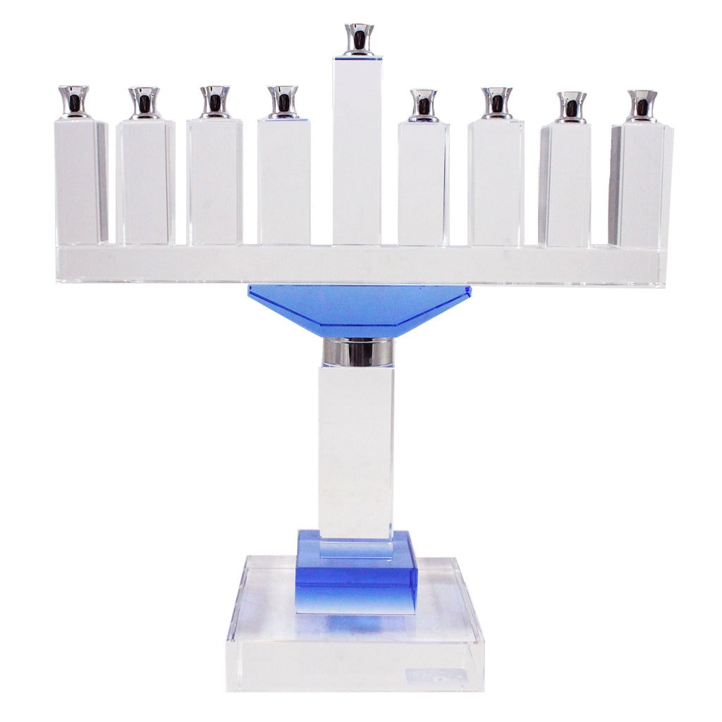 Clear Glass With Blue Accent Menorah - Candlestock.com