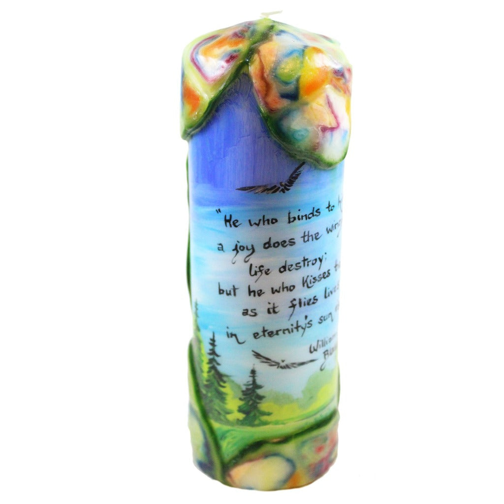 Quote Pillar Candle - "He who binds to himself a joy does the winged life destroy; but he who kisses the joy as it flies lives in eternity's sun rise" William Blake - Candlestock.com