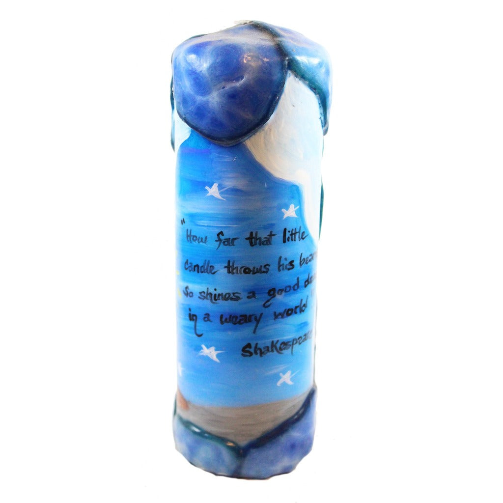 Quote Pillar Candle - "How far that little candle throws his beams! So shines a good deed in a weary world." William Shakespeare - Candlestock.com