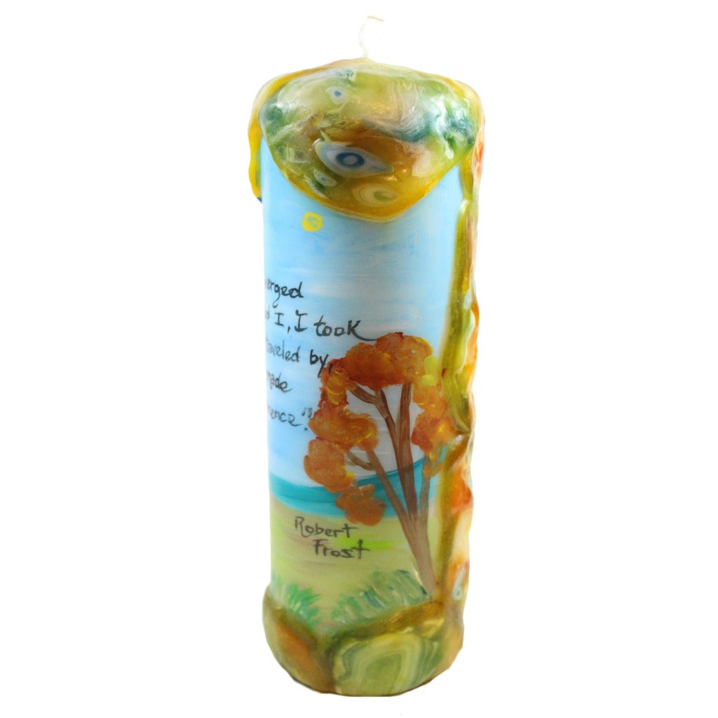 Quote Pillar Candle - "Two roads diverged in a wood and I, I took the one less traveled by, and that has made all the difference" Robert Frost - Candlestock.com