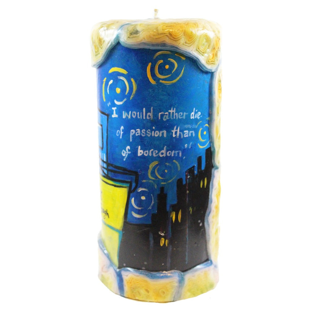 Quote Pillar Candle - "I would rather die of passion than of boredom." Vincent Van Gogh - Candlestock.com