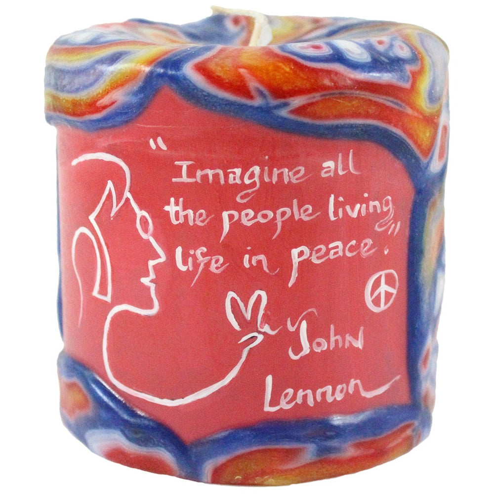 Painted Veneer Pillar Candle - "Imagine all the people living life in peace." - Lennon 4X4 - Candlestock.com
