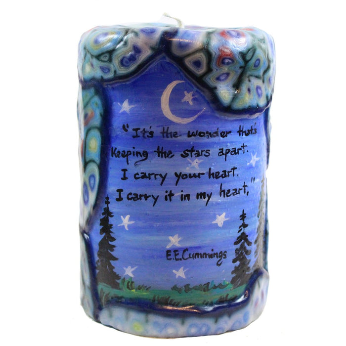 Quote Pillar Candle - "It's the wonder that's keeping the stars apart. I carry your heart. I carry it in my heart." E. E. Cummings