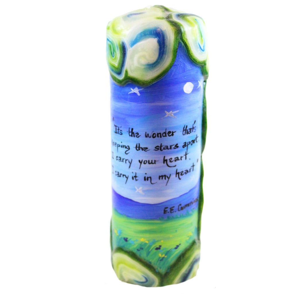 Quote Pillar Candle - "It's is the wonder that's keeping the stars apart, I carry your heart" E.E. Cummings - Candlestock.com