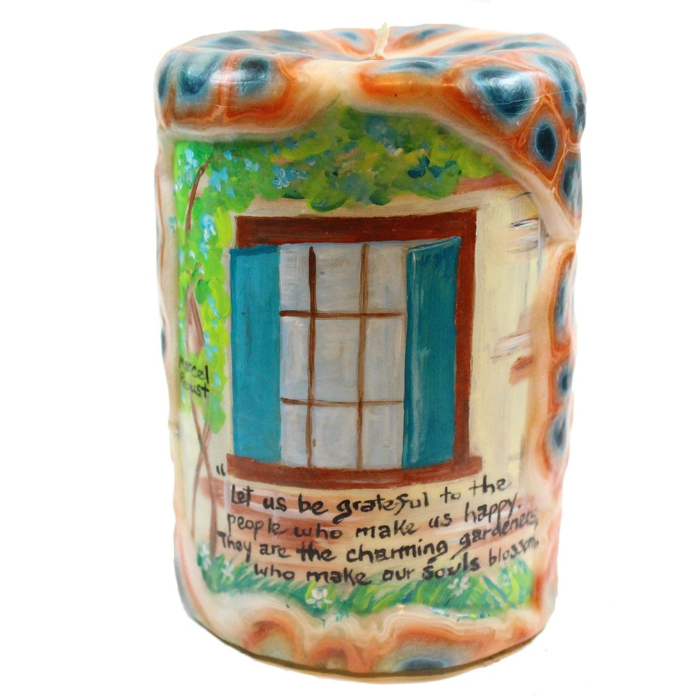 Quote Pillar Candle - "Let us be grateful to the people who make us happy; They are the charming gardeners who make our souls blossom" Marcel Proust - 4X6 - Candlestock.com