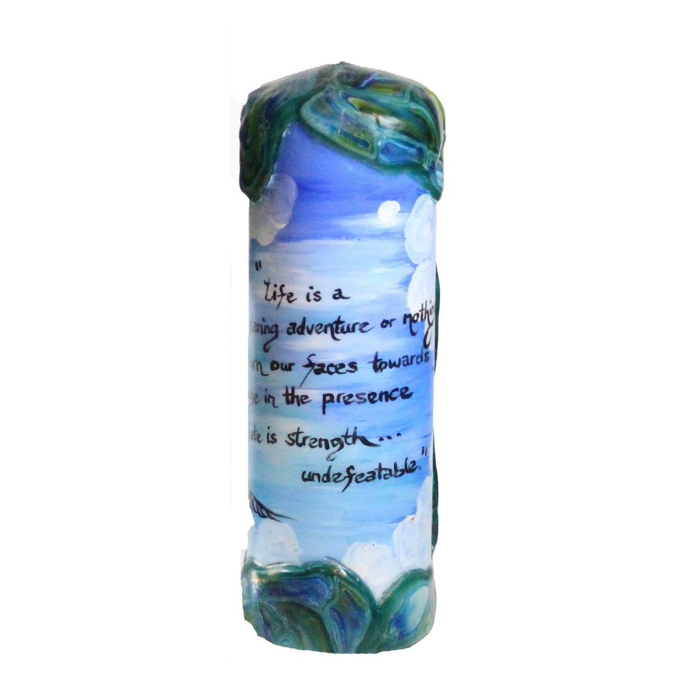 Quote Pillar Candle - “Life is either a daring adventure or nothing. To keep our faces toward change and behave like free spirits in the presence of fate is strength undefeatable.” Helen Keller - Candlestock.com