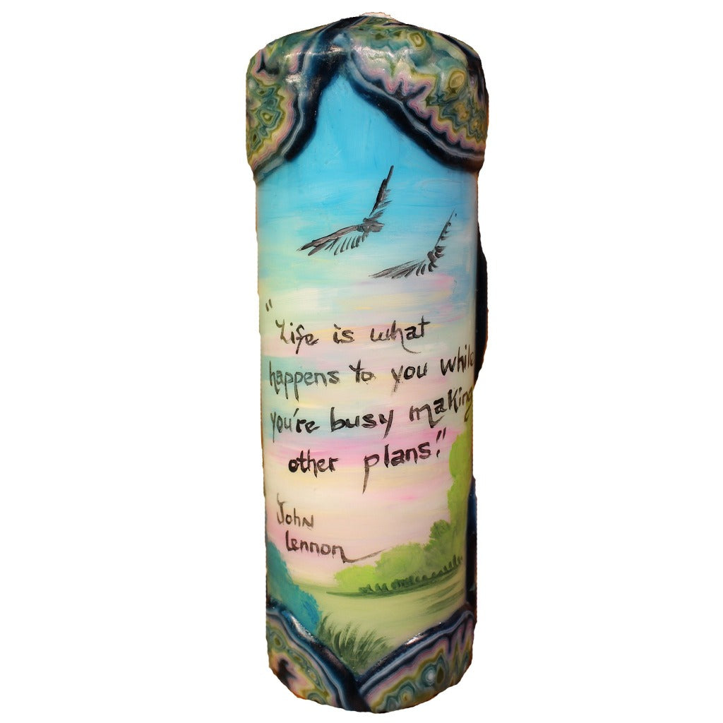 Quote Pillar Candle - "Life is what happens to you, while you're busy making other plans" John Lennon - Candlestock.com