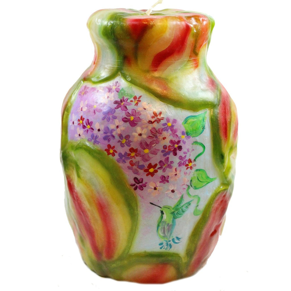 Painted Veneer Vase Candle - Flowers With Hummingbird - Candlestock.com