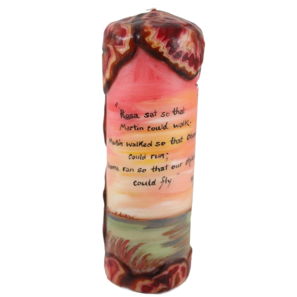 Quote Pillar Candle - “Rosa sat so that Martin could walk; Martin walked so that Obama could run; Obama ran so that Our children could fly” Khari Mosley - Candlestock.com