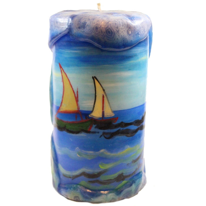 Van Glow Painted Veneer Pillar Candle - Sailboats