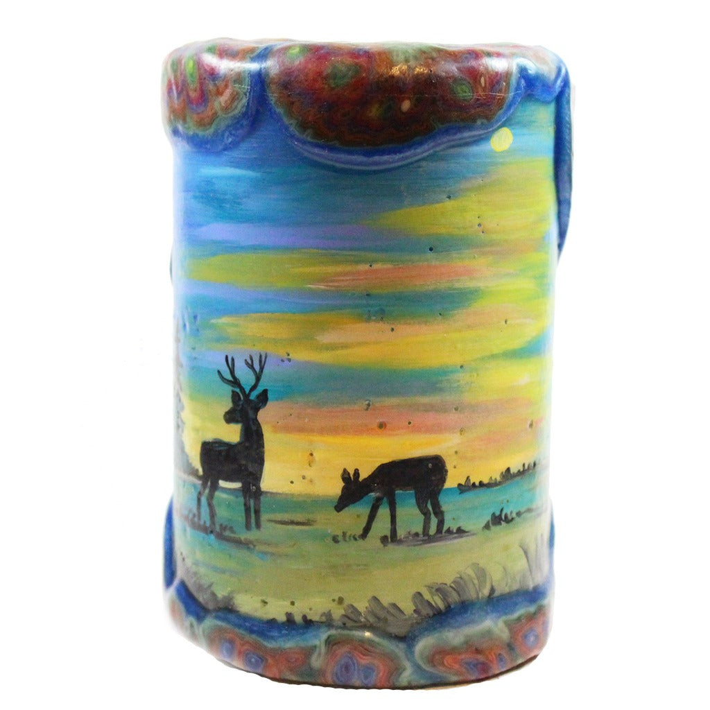 Painted Veneer Pillar Candle - Deers With Sunset 4X6 - Candlestock.com