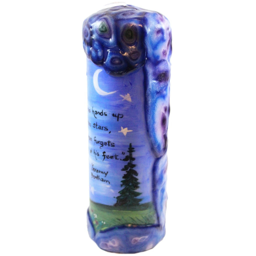 Quote Pillar Candle - "Stretching his hands up to reach the stars, too often man forgets the flowers at his feet" Jeremy Bentham - Candlestock.com