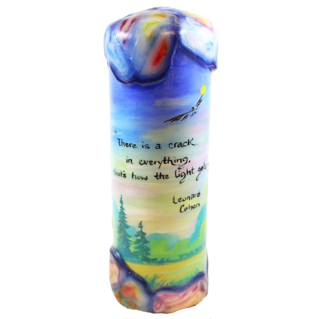 Quote Pillar Candle - "There is a crack in everything, that's how the light gets in" Leonard Cohen - Candlestock.com