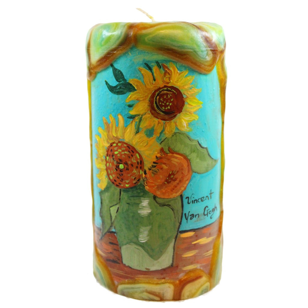 Van Glow Painted Pillar Candle - Sunflowers With Teal Background - Candlestock.com
