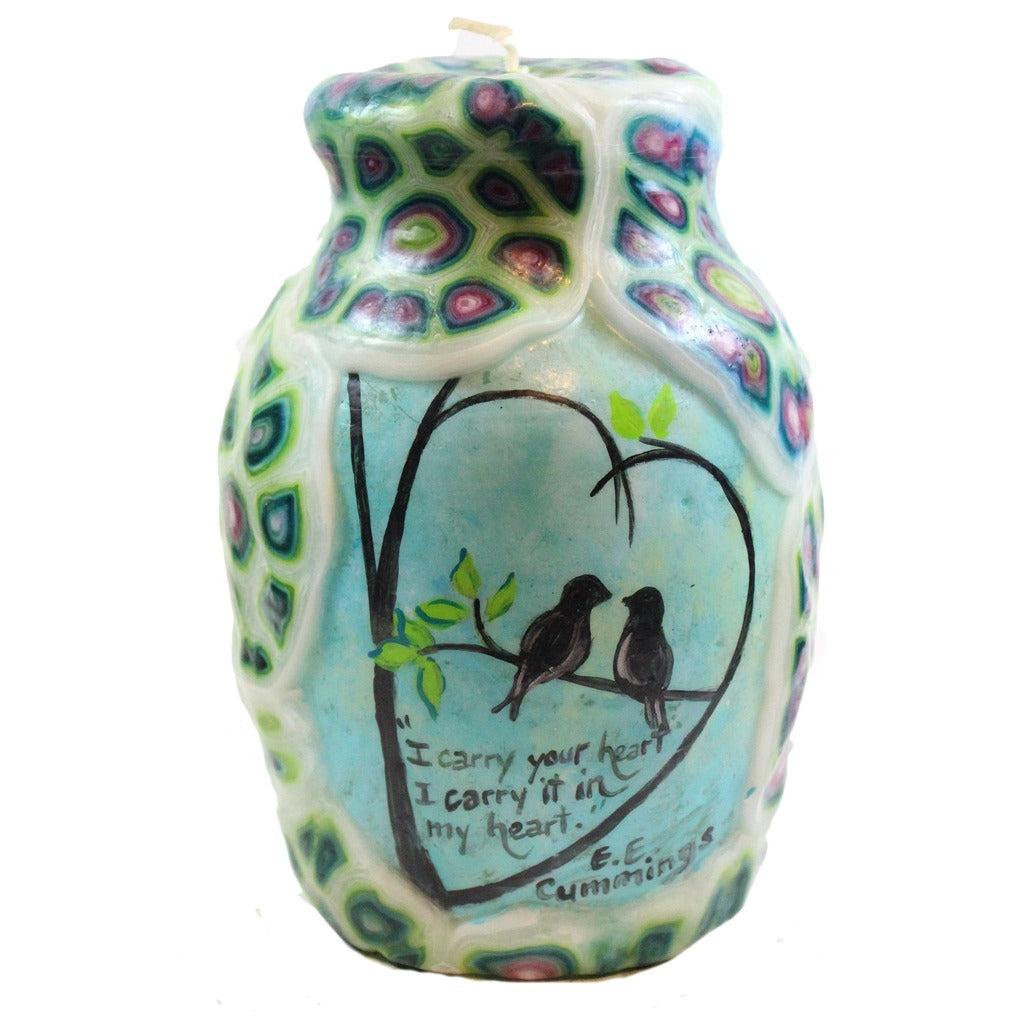 Painted Veneer Quote Vase Candle - "I carry your heart I carry it in my heart." E. E. Cummings - Candlestock.com