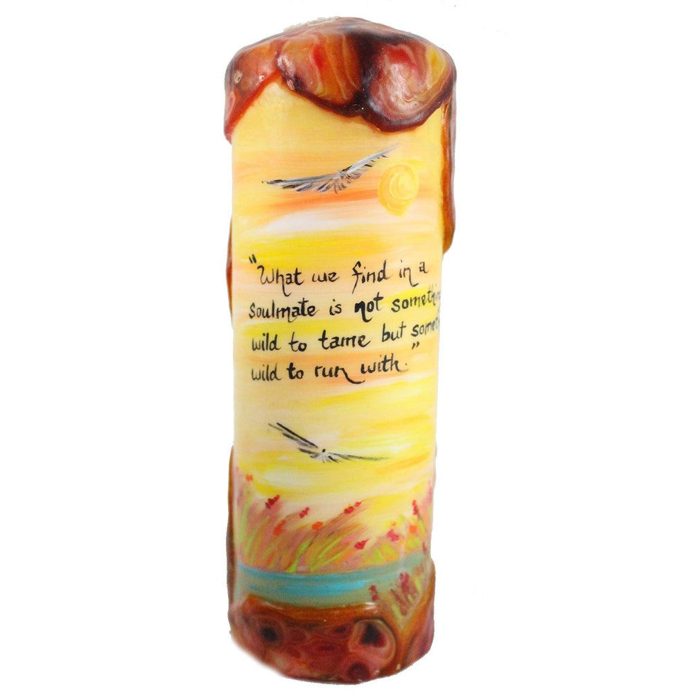 Quote Pillar Candle - "What we find in a soulmate is not something wild to tame, but something wild to run with" Robert Brault - Candlestock.com