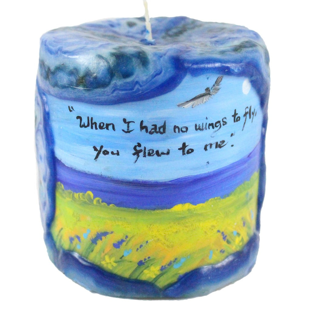 Painted Veneer Pillar Candle - "When I had no wings to fly, you flew to me." 4X4 - Candlestock.com
