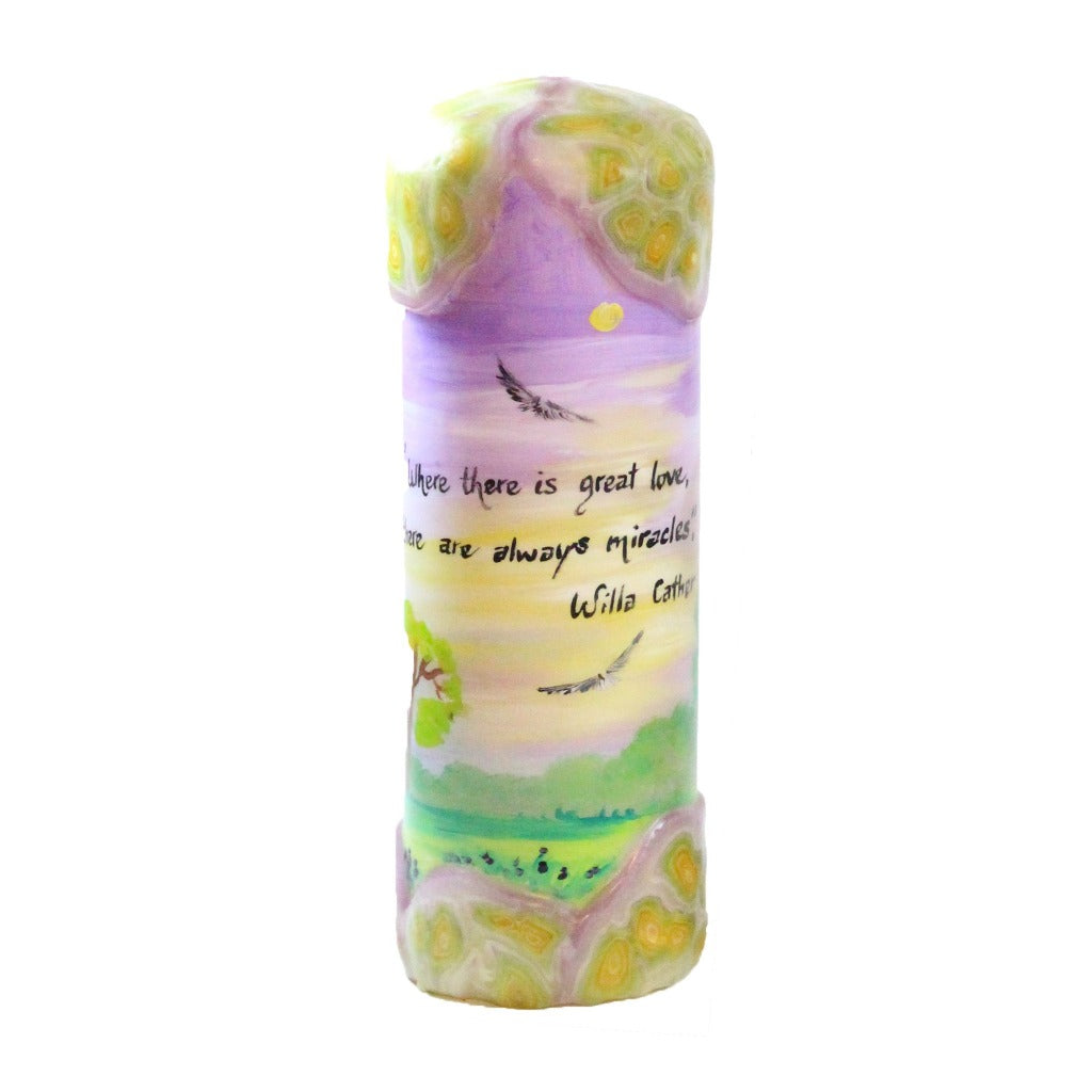 Quote Pillar Candle - "Where there is great love, there are always miracles" Willa Cather - Candlestock.com