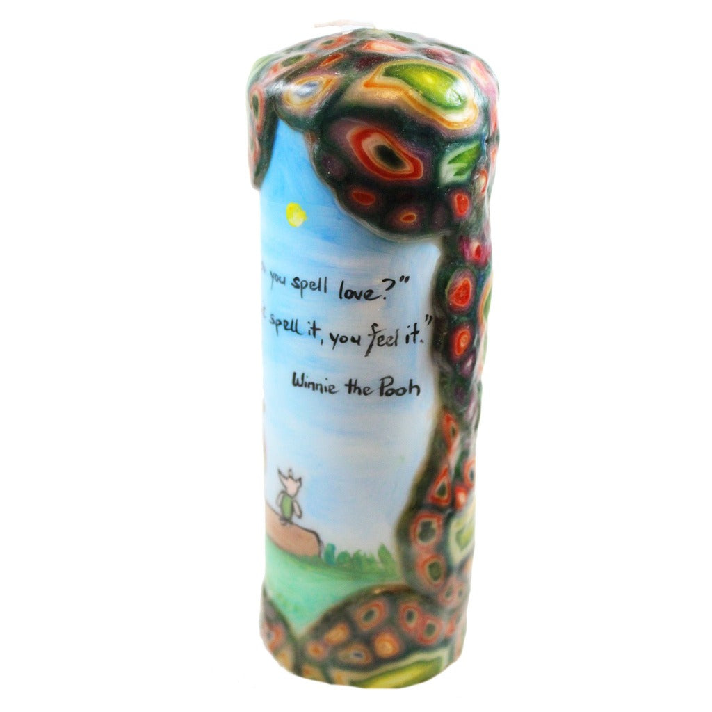 Quote Pillar Candle - Piglet: "How do you spell love?" Pooh: "You don't spell it, you feel it" Winnie the Pooh - Candlestock.com