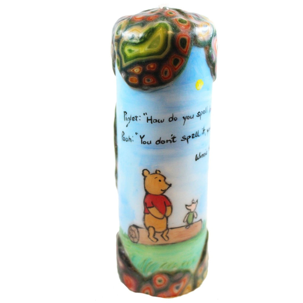 Quote Pillar Candle - Piglet: "How do you spell love?" Pooh: "You don't spell it, you feel it" Winnie the Pooh - Candlestock.com